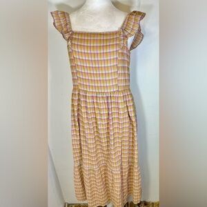 LOFT Flutter Sleeves Plaid Smocked Boho Minimalist Peasant Dress 
Size Small